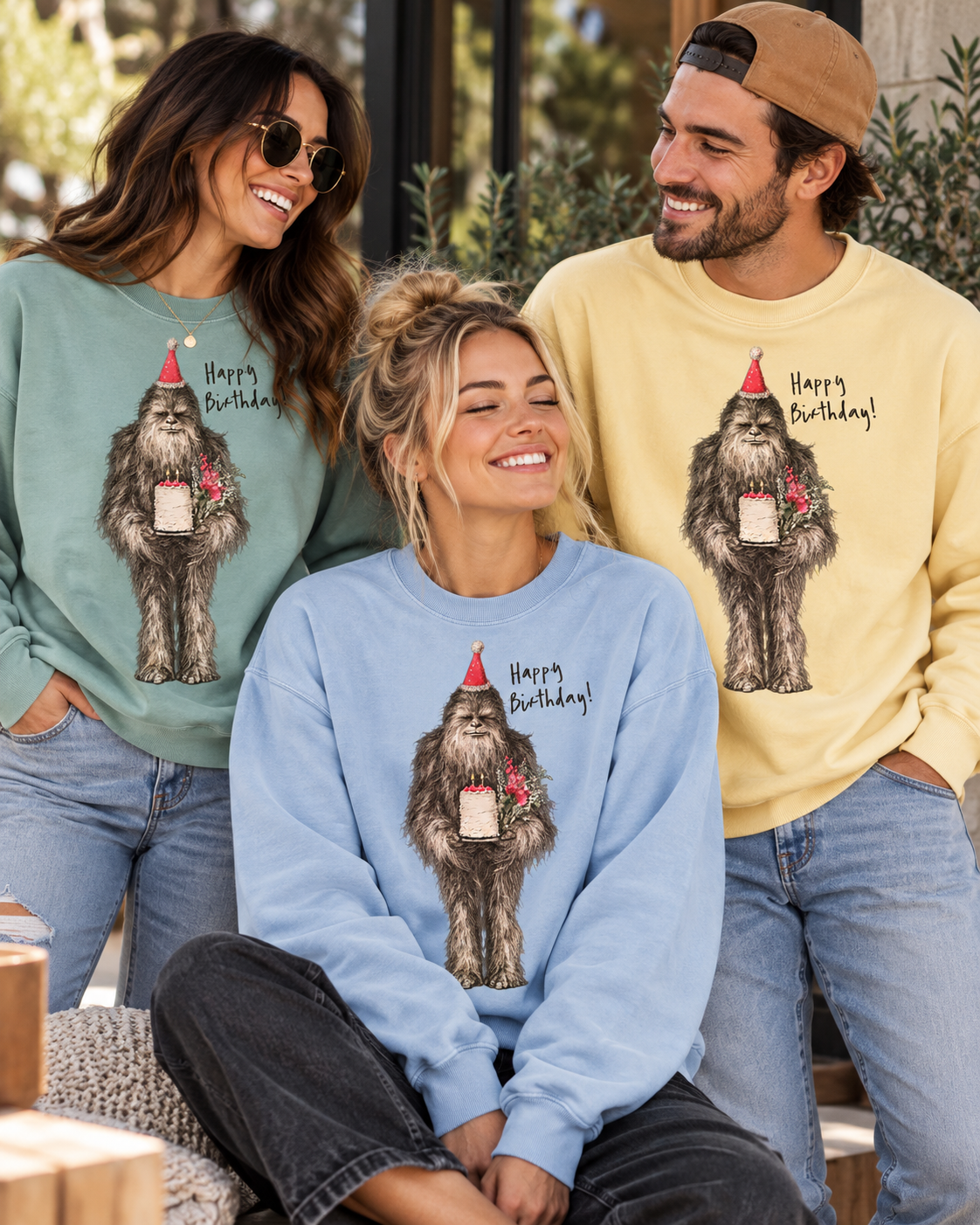 Birthday Bigfoot Sweatshirt — Funny Sasquatch with Cake