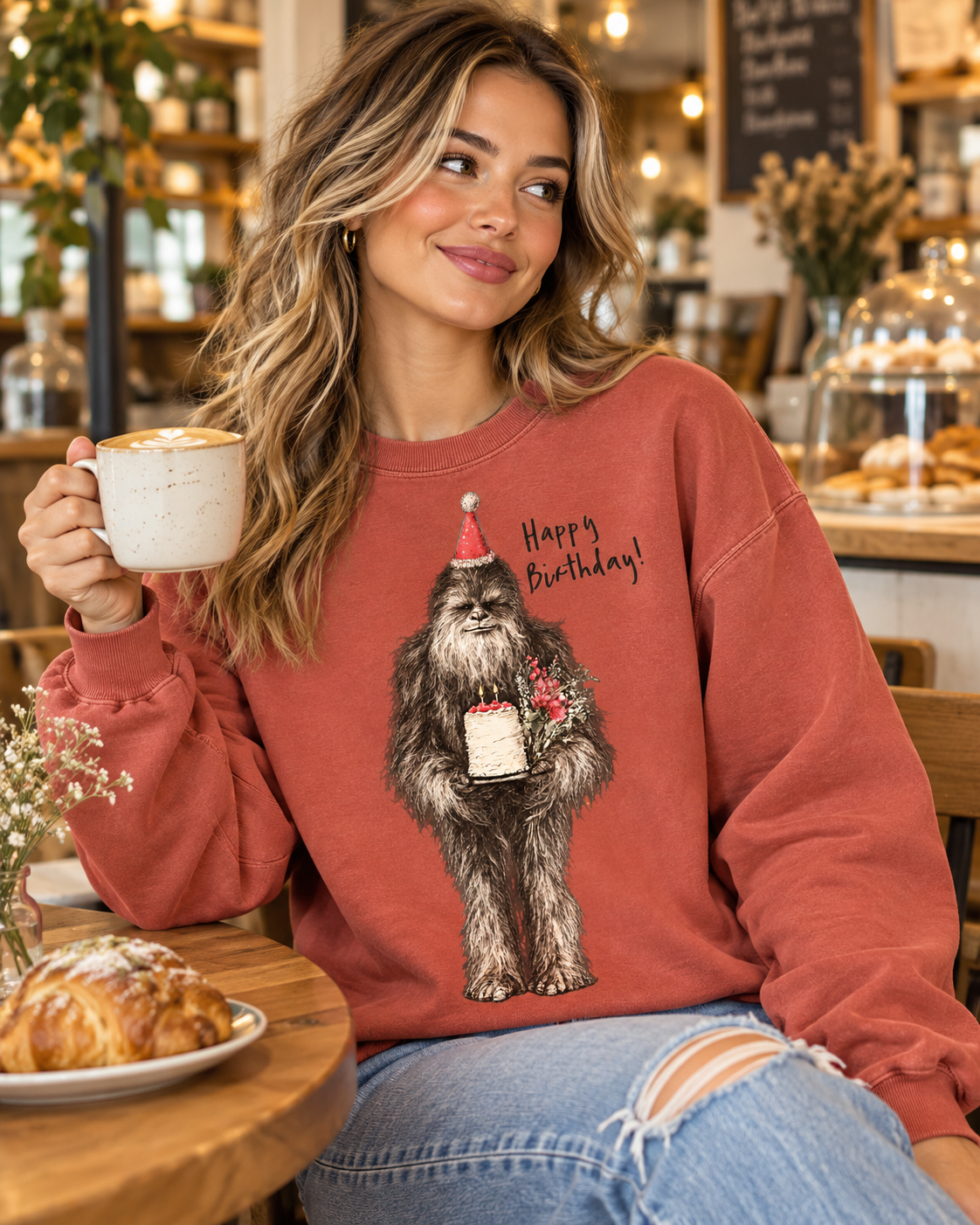 Birthday Bigfoot Sweatshirt — Funny Sasquatch with Cake