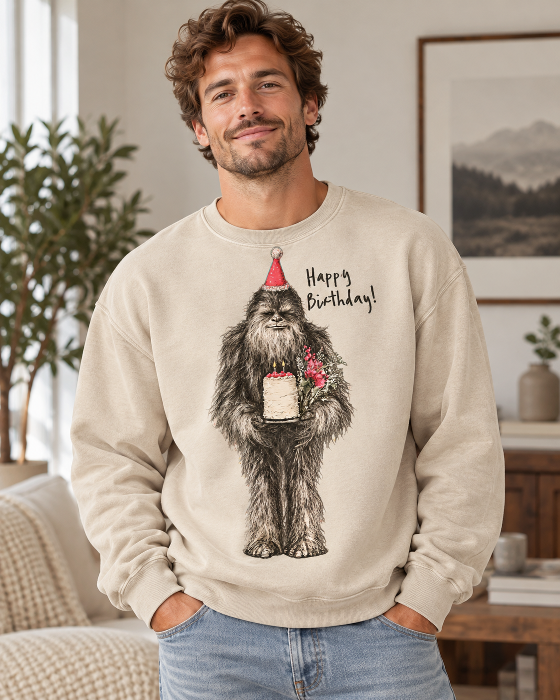 Birthday Bigfoot Sweatshirt — Funny Sasquatch with Cake