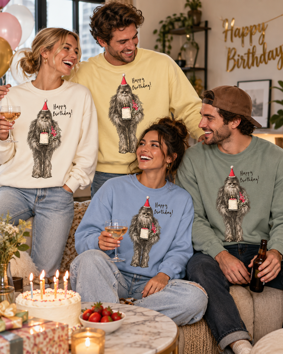 Birthday Bigfoot Sweatshirt — Funny Sasquatch with Cake