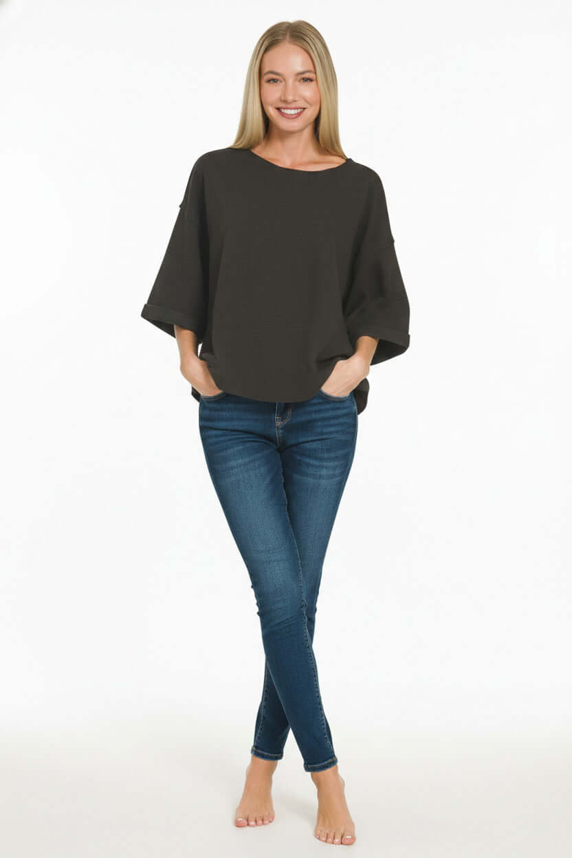 Black Double Knit Exposed Seam Curved Hem Top | Modern Fashion, Tops, $ 26.00, A Moment Of Now™