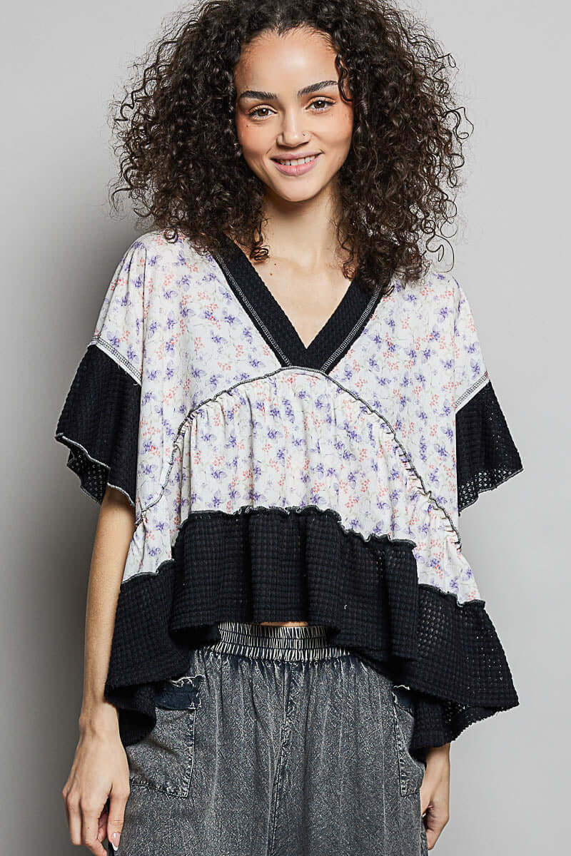 Black Floral Print V-Neck Woven Blouse | Feminine Flutter Sleeve Top, Blouses, $ 65.00, A Moment Of Now™