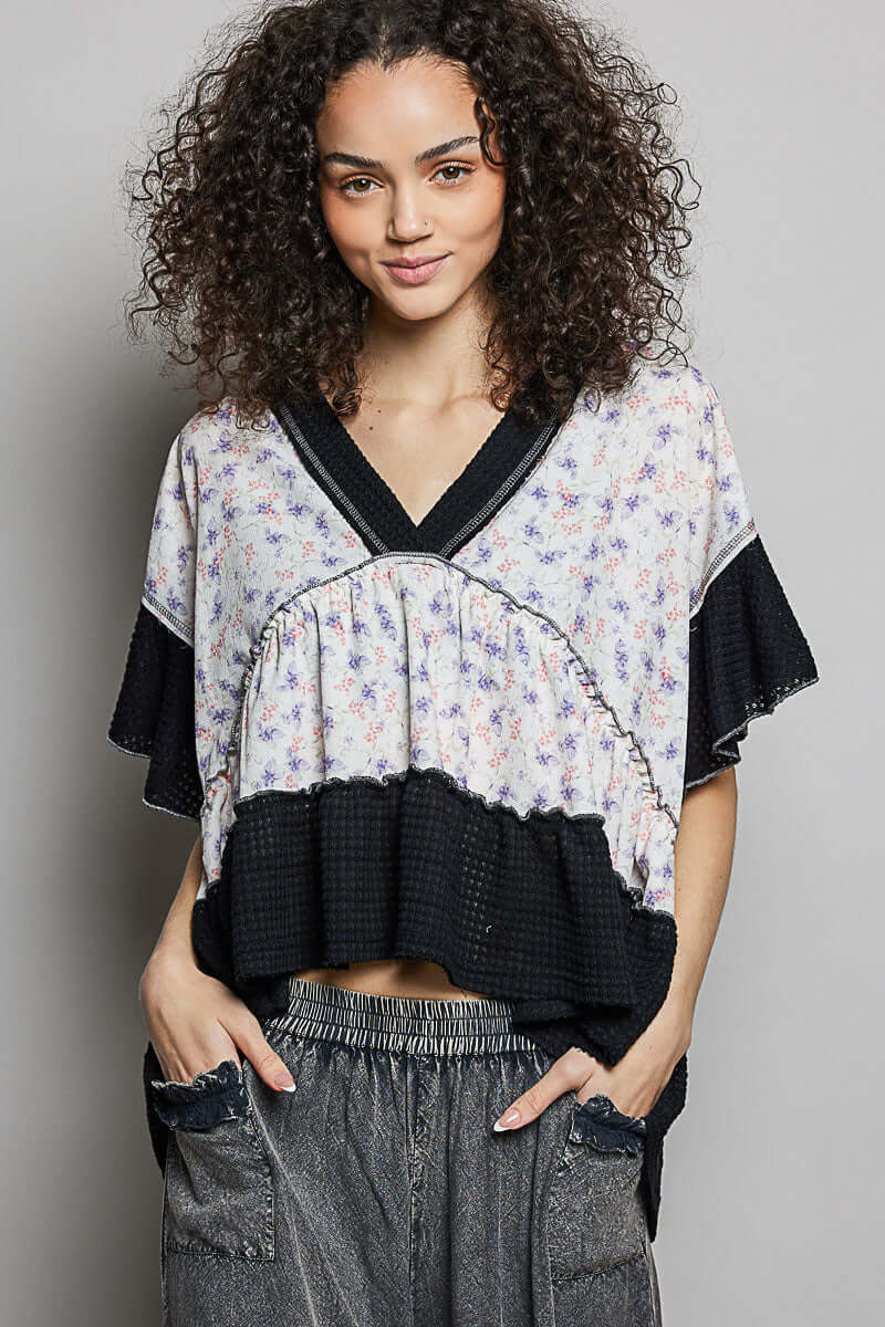 Black Floral Print V-Neck Woven Blouse | Feminine Flutter Sleeve Top, Blouses, $ 65.00, A Moment Of Now™