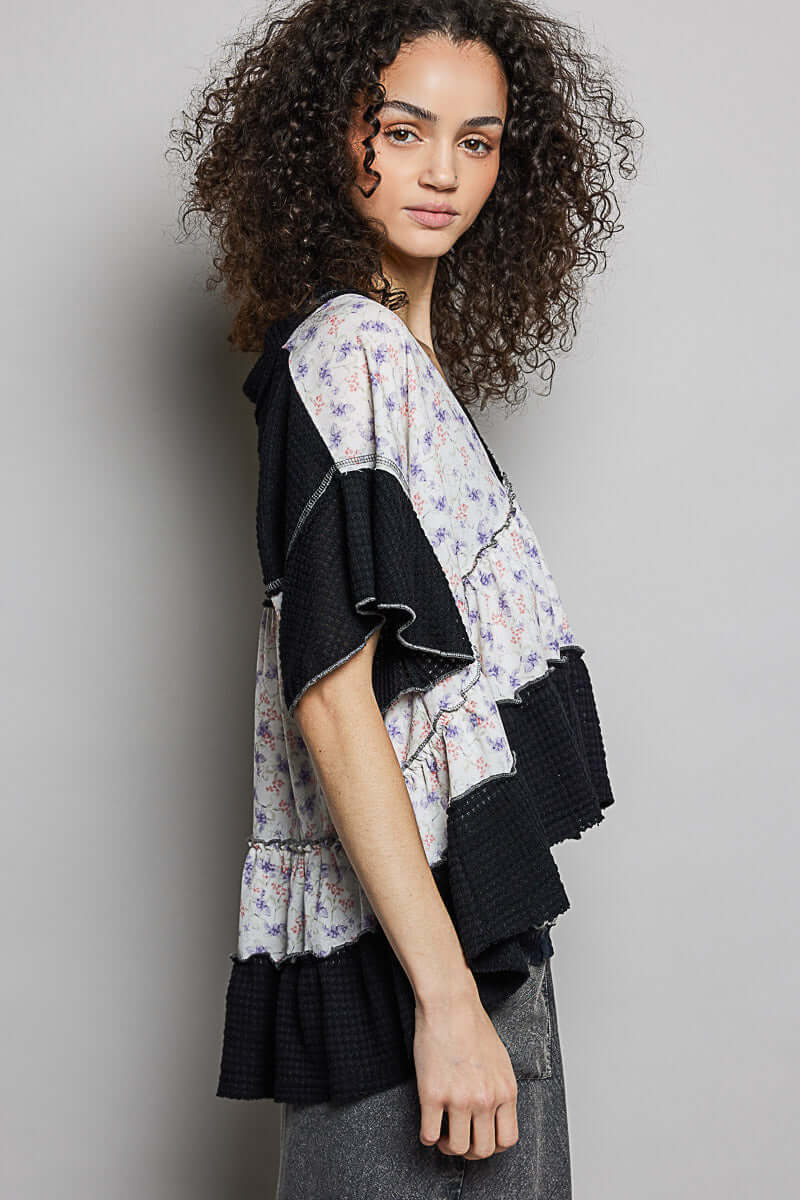 Black Floral Print V-Neck Woven Blouse | Feminine Flutter Sleeve Top, Blouses, $ 65.00, A Moment Of Now™