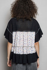 Black Floral Print V-Neck Woven Blouse | Feminine Flutter Sleeve Top, Blouses, $ 65.00, A Moment Of Now™