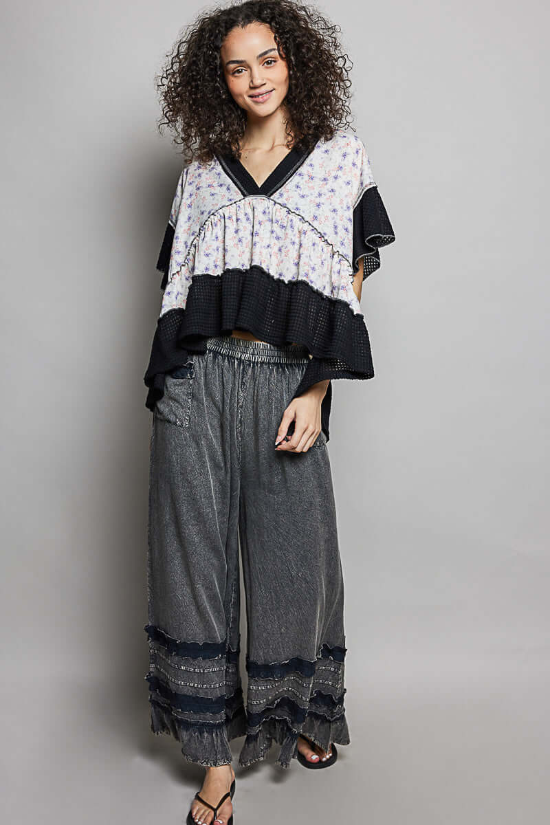 Black Floral Print V-Neck Woven Blouse | Feminine Flutter Sleeve Top, Blouses, $ 65.00, A Moment Of Now™