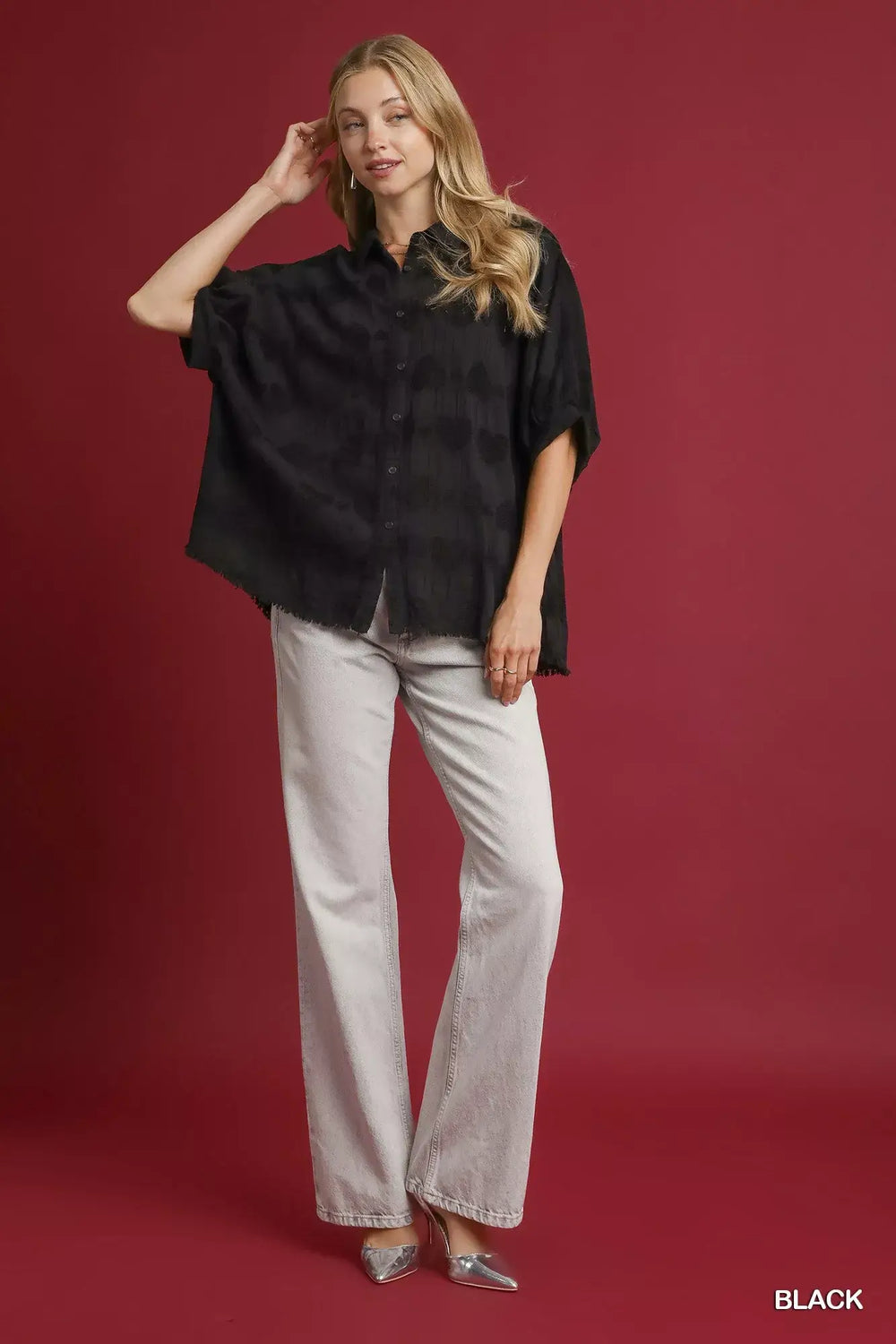 Black Jacquard Heart Collared Shirt - Elegance Meets Playfulness, Shirts, $ 60.00, A Moment Of Now™