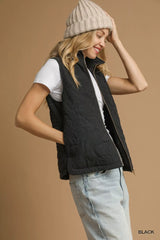Black Quilted Floral Zip Up Vest with Pockets - Stylish & Functional, Vests Jackets, $ 66.00, A Moment Of Now™