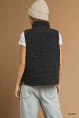 Black Quilted Floral Zip Up Vest with Pockets - Stylish & Functional, Vests Jackets, $ 66.00, A Moment Of Now™