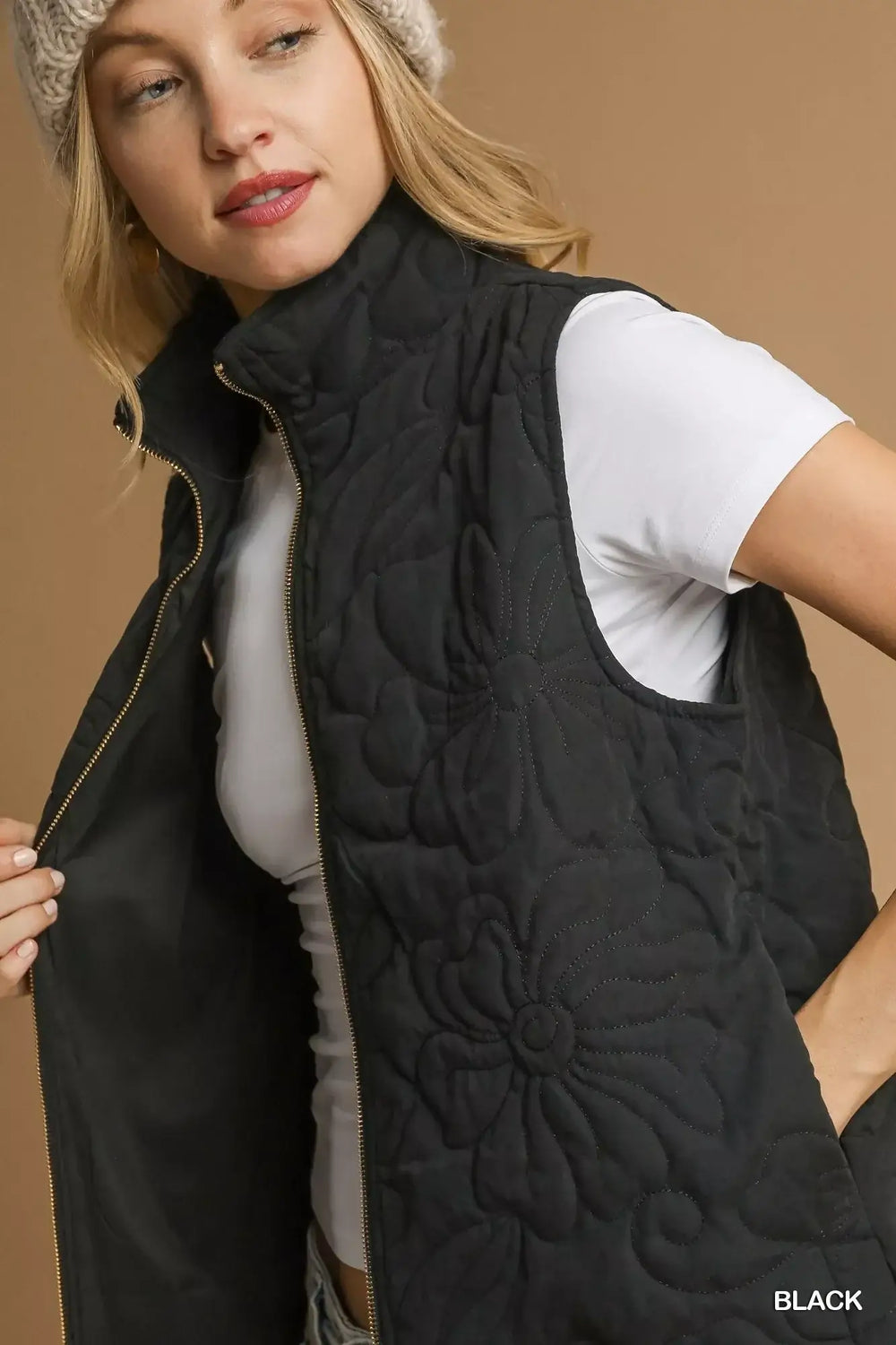 Black Quilted Floral Zip Up Vest with Pockets - Stylish & Functional, Vests Jackets, $ 66.00, A Moment Of Now™