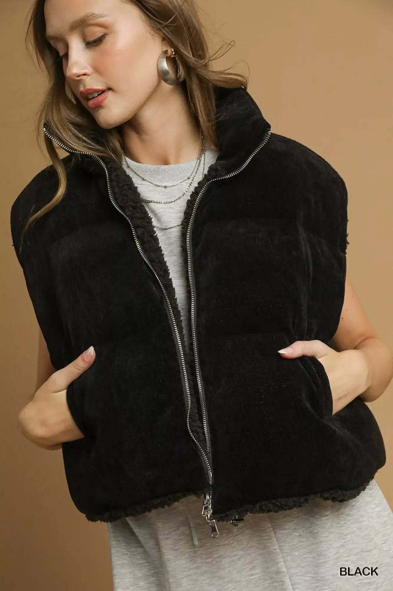 Black Sherpa-Lined Zip Vest | Versatile Outerwear for All, Vests, $ 65.00, A Moment Of Now™