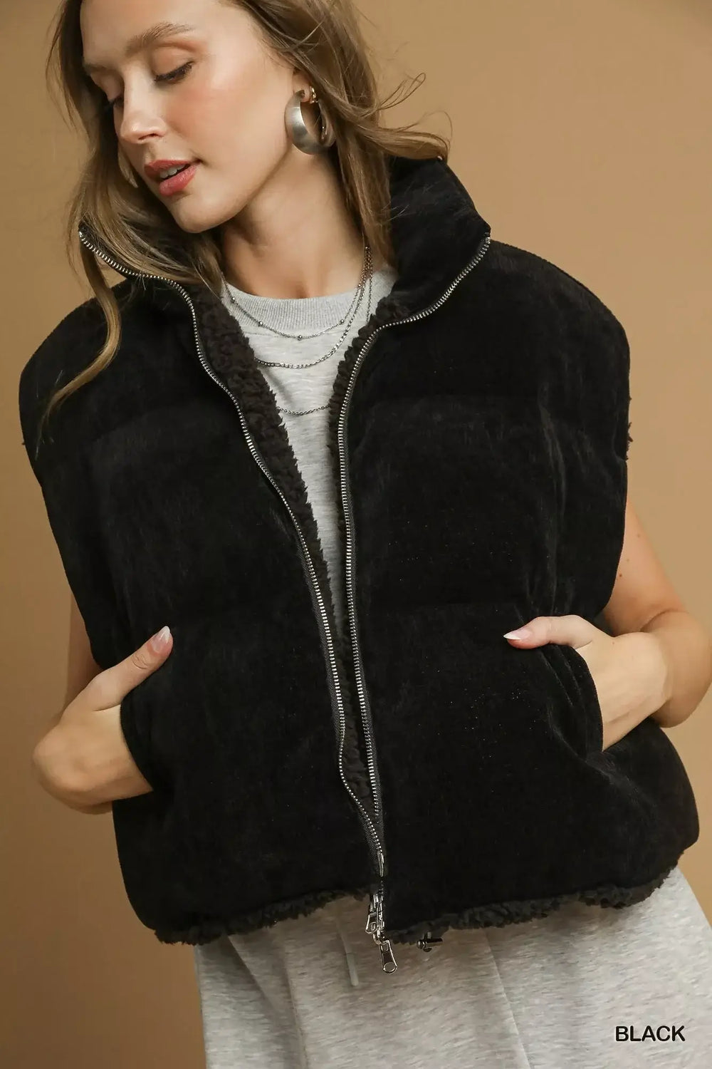 Black Sherpa-Lined Zip Vest | Versatile Outerwear for All, Vests, $ 65.00, A Moment Of Now™