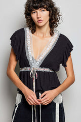 Black Tied Ruffled V-Neck Blouse with Lace Detail | Cute Vintage Top, Blouses, $ 59.00, A Moment Of Now™