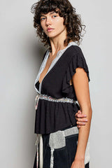 Black Tied Ruffled V-Neck Blouse with Lace Detail | Cute Vintage Top, Blouses, $ 59.00, A Moment Of Now™