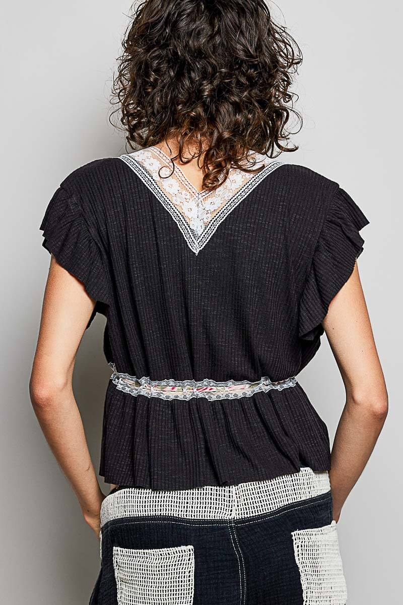 Black Tied Ruffled V-Neck Blouse with Lace Detail | Cute Vintage Top, Blouses, $ 59.00, A Moment Of Now™