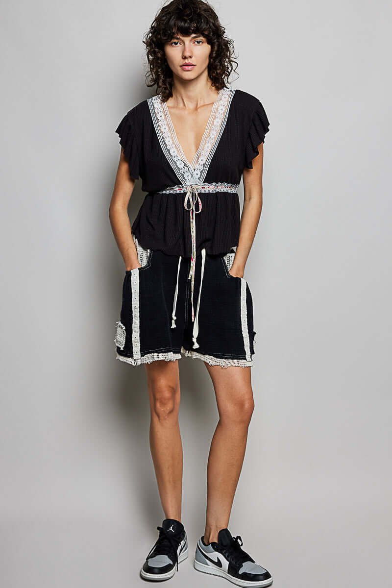 Black Tied Ruffled V-Neck Blouse with Lace Detail | Cute Vintage Top, Blouses, $ 59.00, A Moment Of Now™