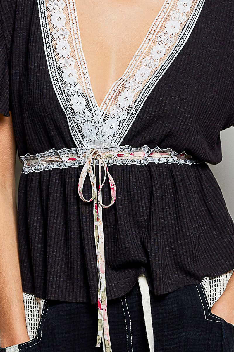 Black Tied Ruffled V-Neck Blouse with Lace Detail | Cute Vintage Top, Blouses, $ 59.00, A Moment Of Now™