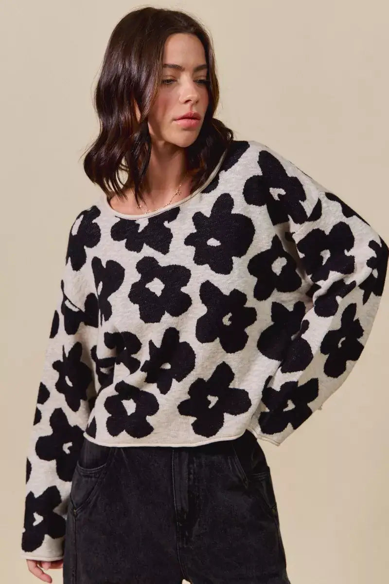 Black and OatLoose Fit Flower Lightweight Sweater Top, Sweaters, $ 59.00, A Moment Of Now™
