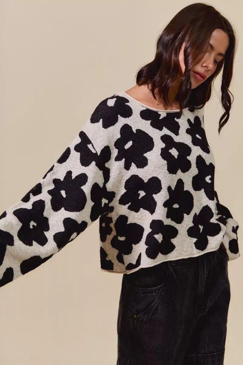 Black and OatLoose Fit Flower Lightweight Sweater Top, Sweaters, $ 59.00, A Moment Of Now™