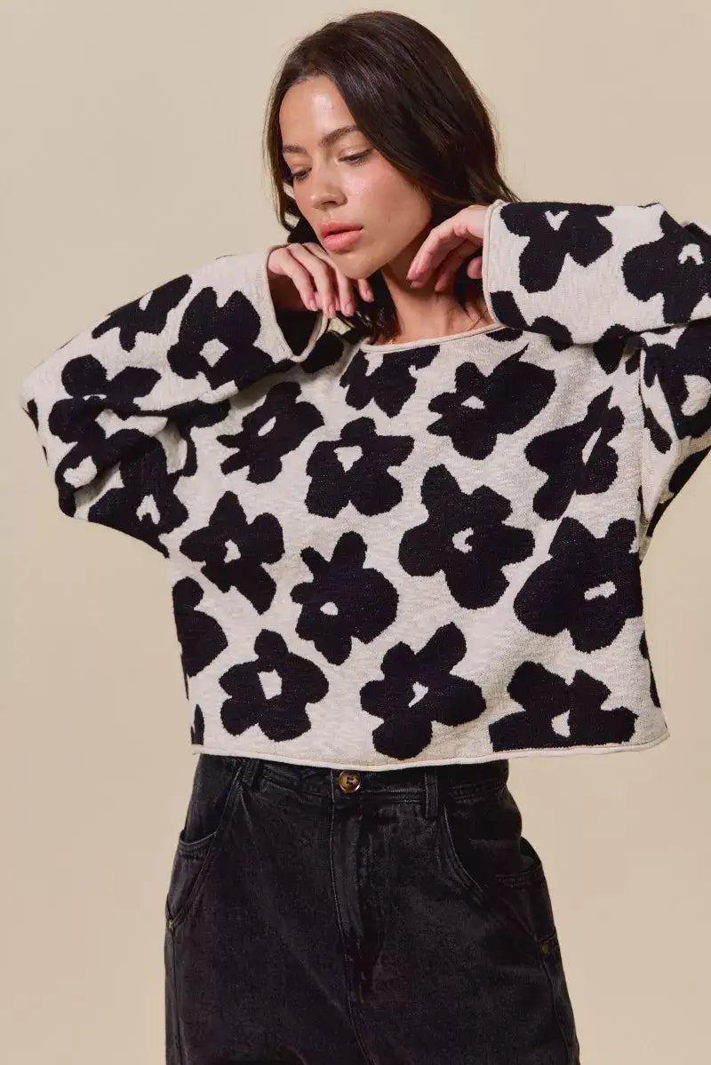 Black and OatLoose Fit Flower Lightweight Sweater Top, Sweaters, $ 59.00, A Moment Of Now™