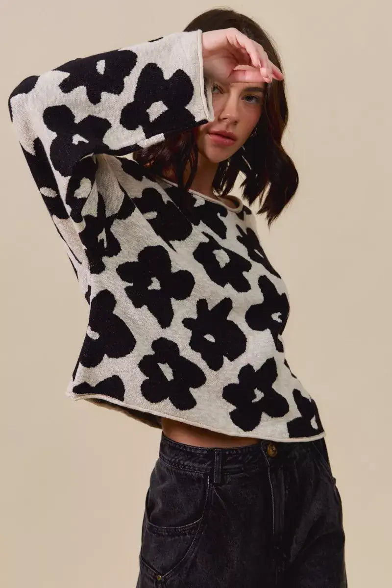 Black and OatLoose Fit Flower Lightweight Sweater Top, Sweaters, $ 59.00, A Moment Of Now™