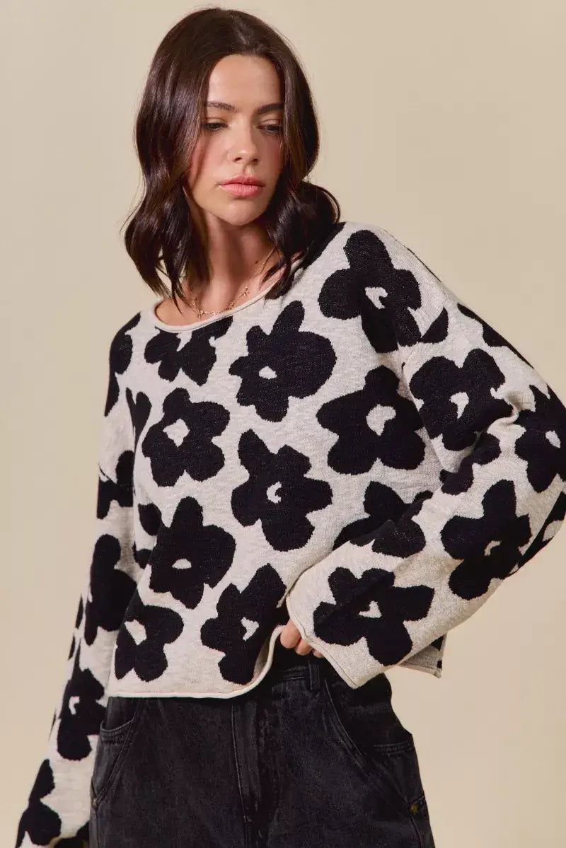 Black and OatLoose Fit Flower Lightweight Sweater Top, Sweaters, $ 59.00, A Moment Of Now™