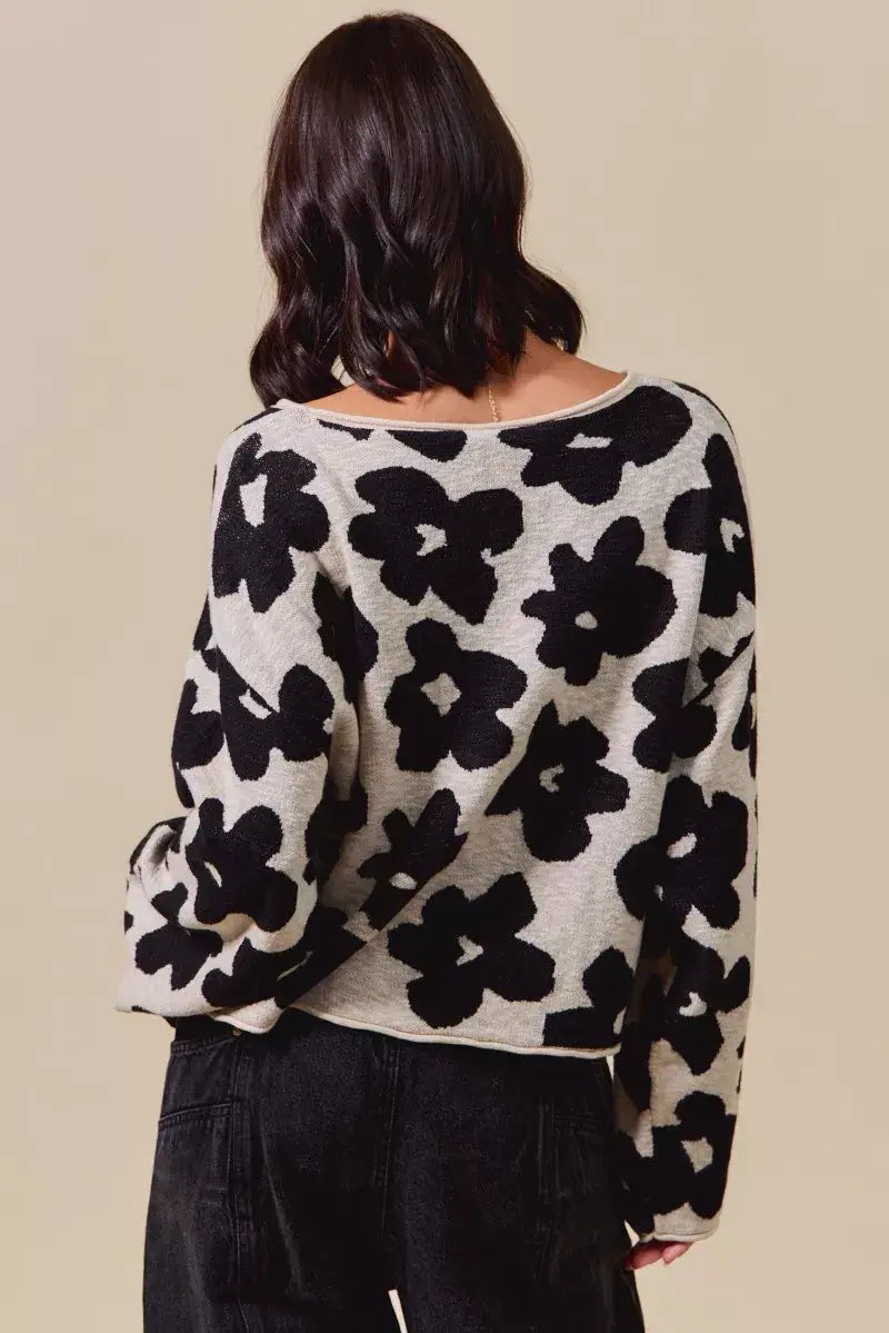 Black and OatLoose Fit Flower Lightweight Sweater Top, Sweaters, $ 59.00, A Moment Of Now™