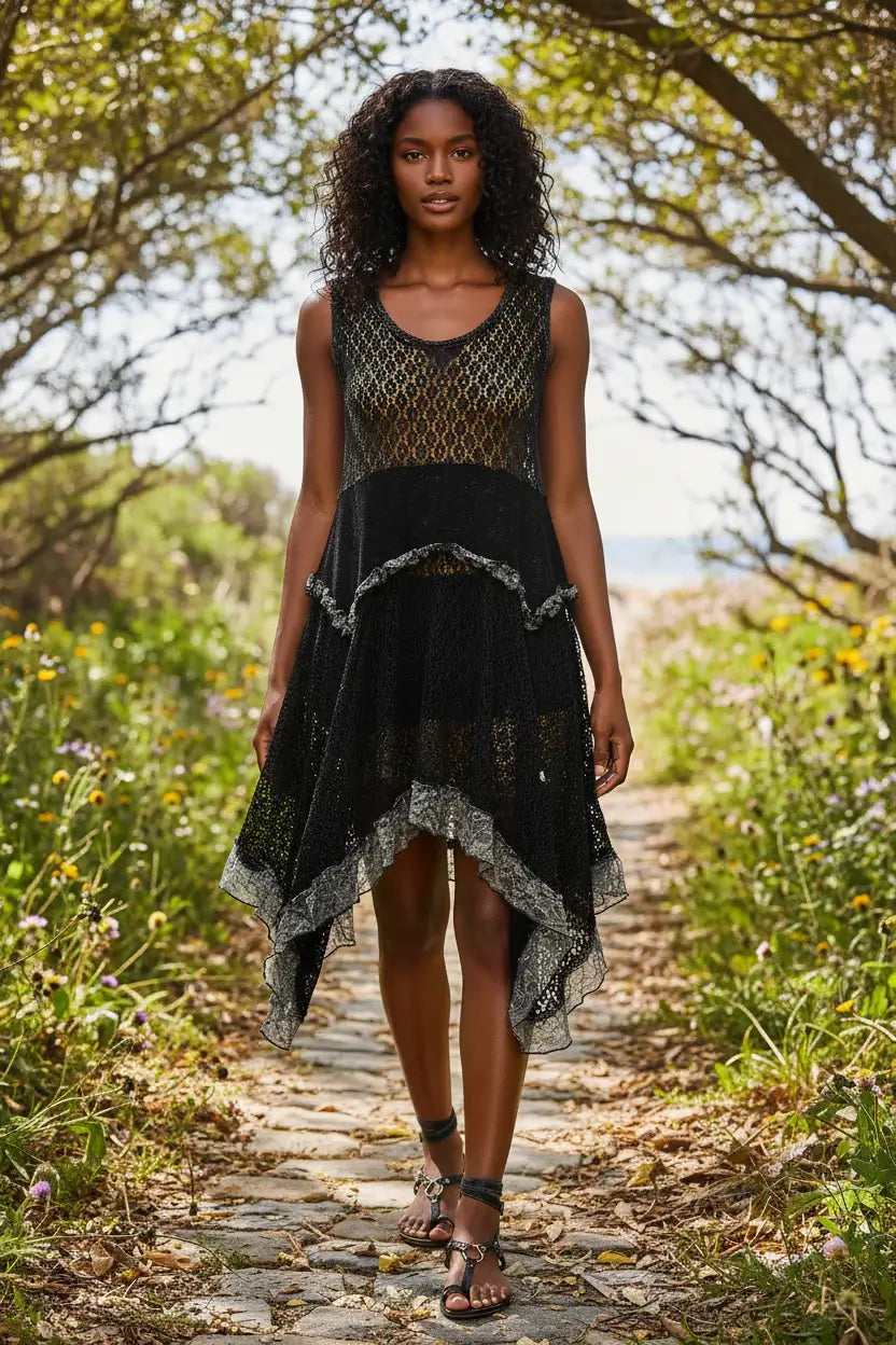 Black Texture Lace Ruffled Sleeveless Dress | POL, Dresses, $ 55.00, A Moment Of Now™