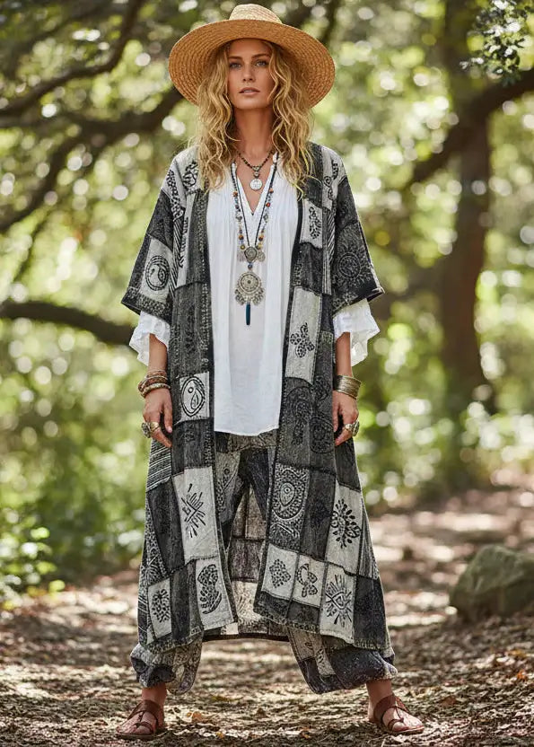 Black White Printed Patchwork Longline Cardigan Boho Fashion, Cardigans, $ 65.00, A Moment Of Now™