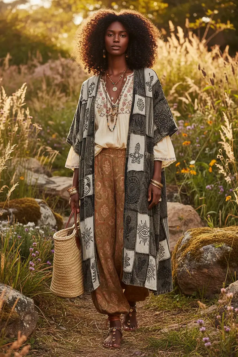 Black White Printed Patchwork Longline Cardigan Boho Fashion, Cardigans, $ 65.00, A Moment Of Now™