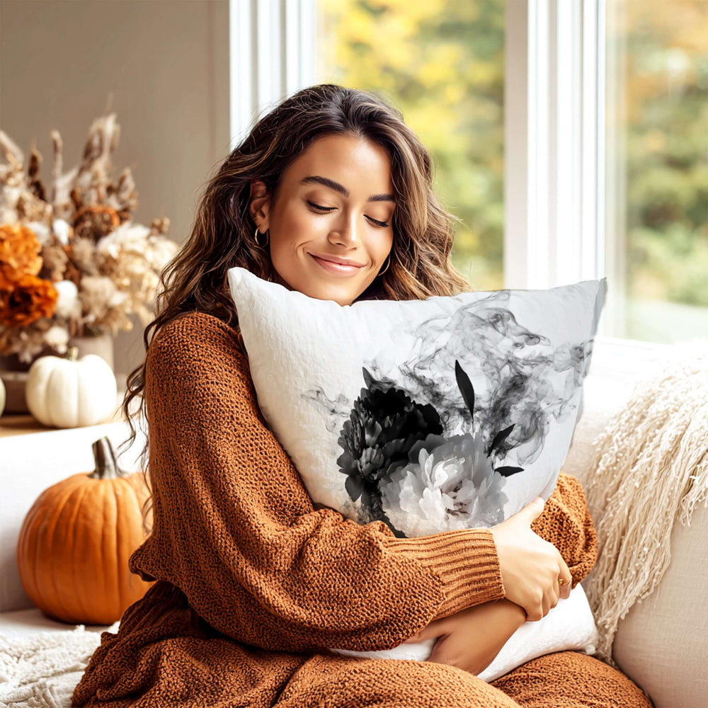 Black and White Smokey Peonies Throw Pillow Cushion, Throw Pillows, $ 55.00, A Moment Of Now™