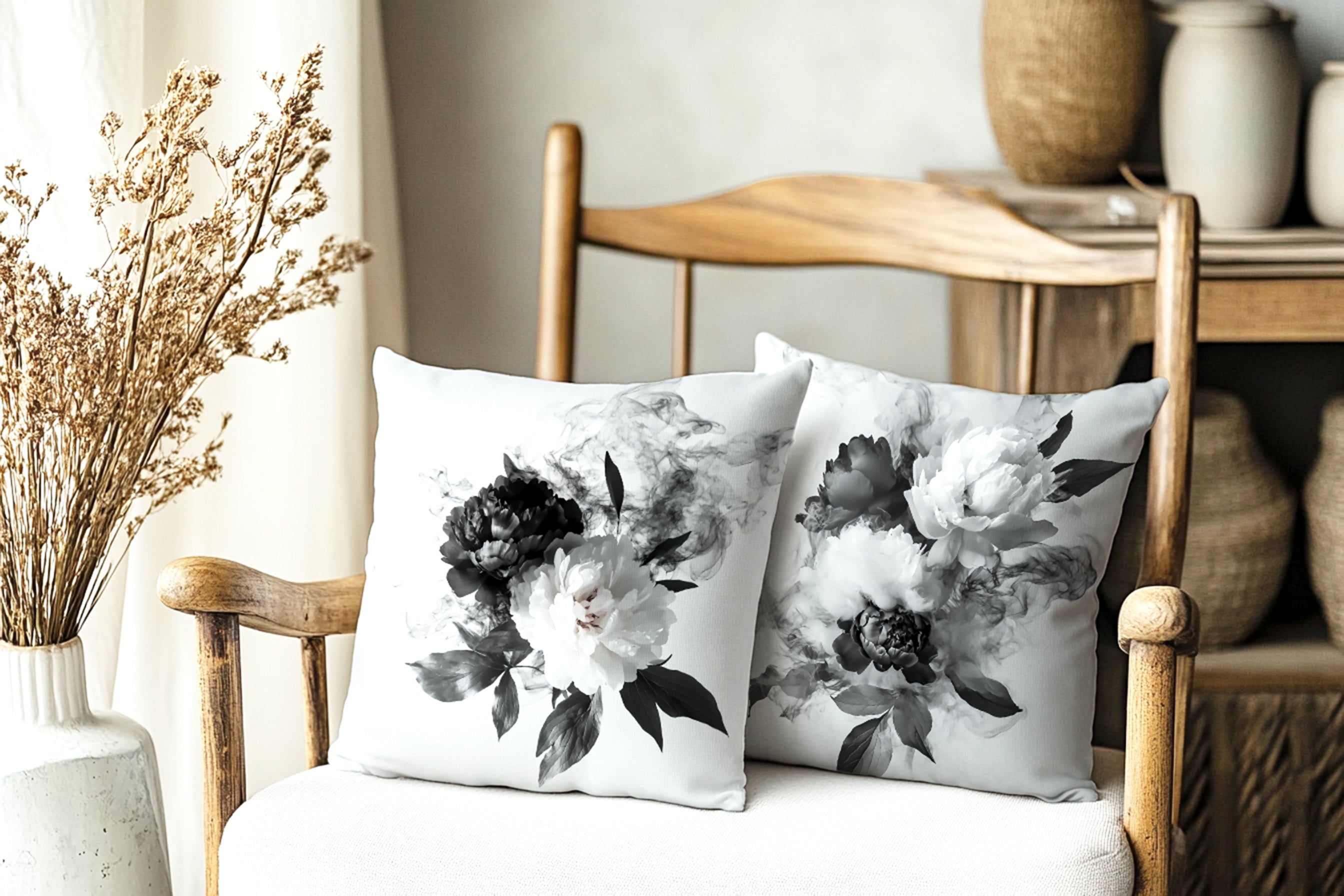 Black and White Smoky Peony Throw Pillow Cushion Cover + Insert
