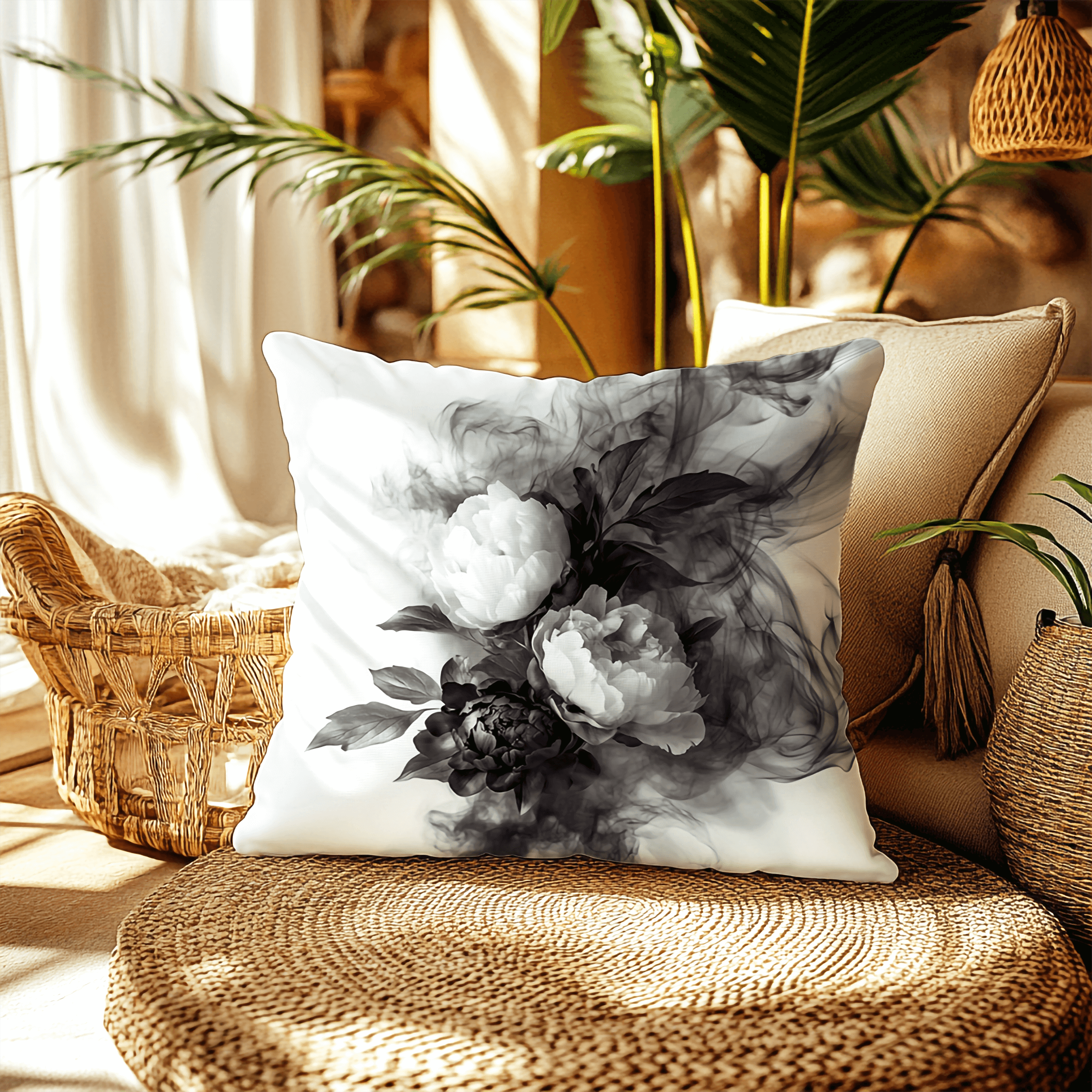 Black and White Smokey Peonies Throw Pillow Cushion, Throw Pillows, $ 55.00, A Moment Of Now™