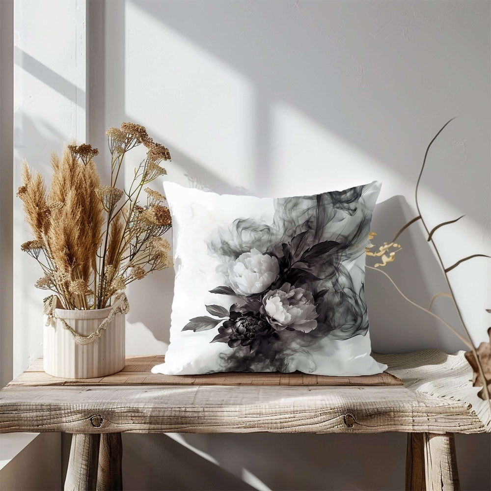Black and White Smokey Peonies Throw Pillow Cushion, Throw Pillows, $ 55.00, A Moment Of Now™