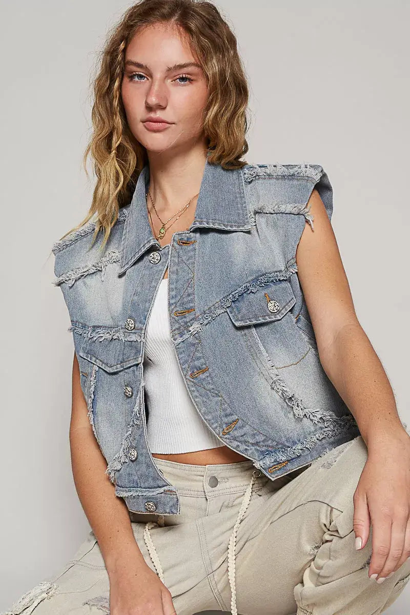 Blue Assymetrical Front Closure Raw Hem Denim Vest - Stylish Edge, Vests, $ 65.00, A Moment Of Now™