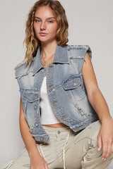 Blue Assymetrical Front Closure Raw Hem Denim Vest - Stylish Edge, Vests, $ 65.00, A Moment Of Now™