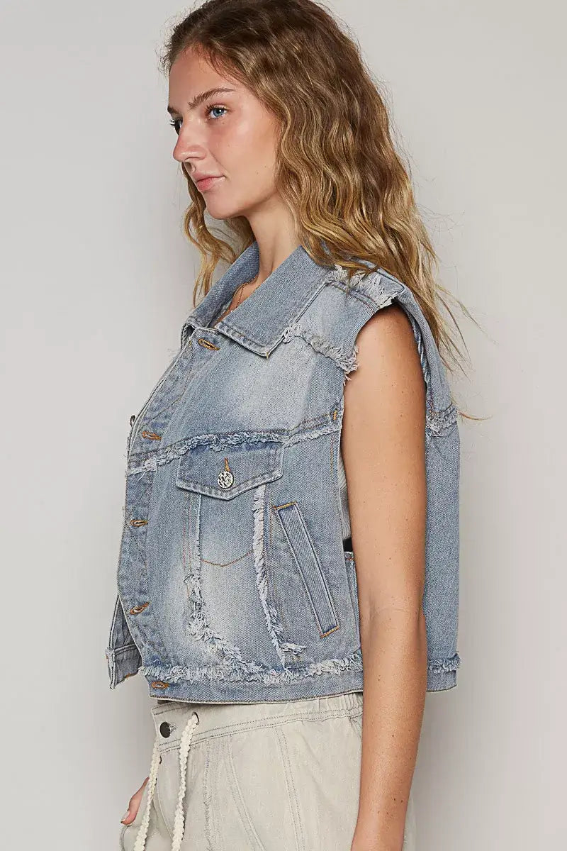 Blue Assymetrical Front Closure Raw Hem Denim Vest - Stylish Edge, Vests, $ 65.00, A Moment Of Now™