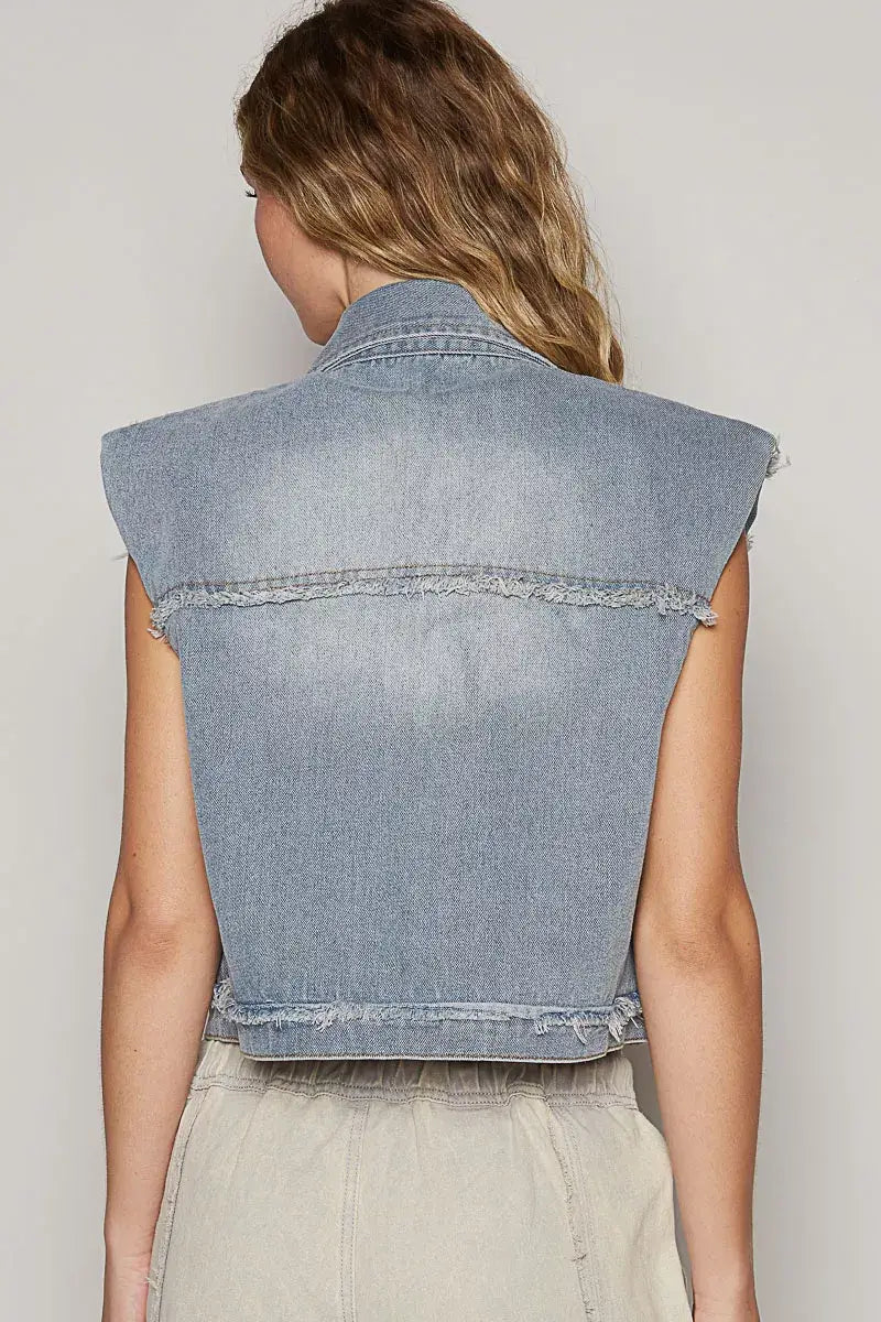 Blue Assymetrical Front Closure Raw Hem Denim Vest - Stylish Edge, Vests, $ 65.00, A Moment Of Now™