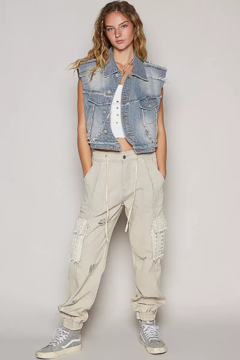 Blue Assymetrical Front Closure Raw Hem Denim Vest - Stylish Edge, Vests, $ 65.00, A Moment Of Now™