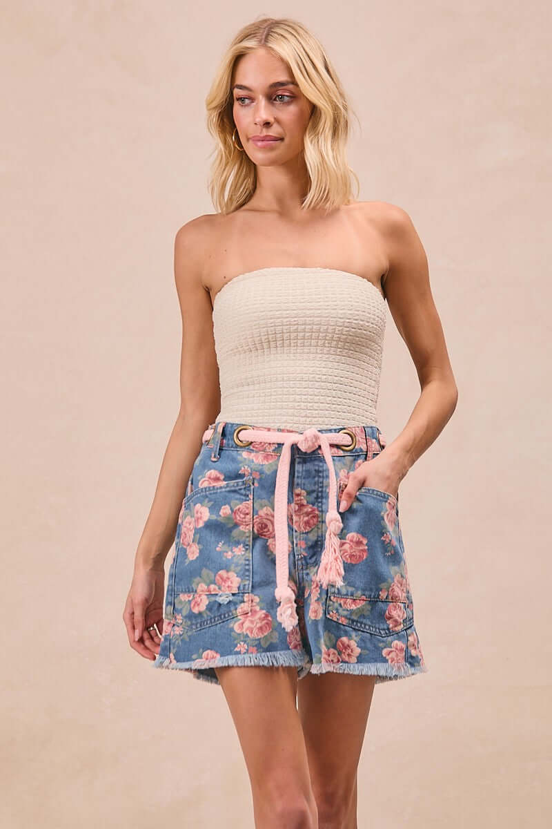 Blue Braided Belt Floral Print Denim Shorts | Trendy Summer Fashion, Shorts, $ 59.00, A Moment Of Now™