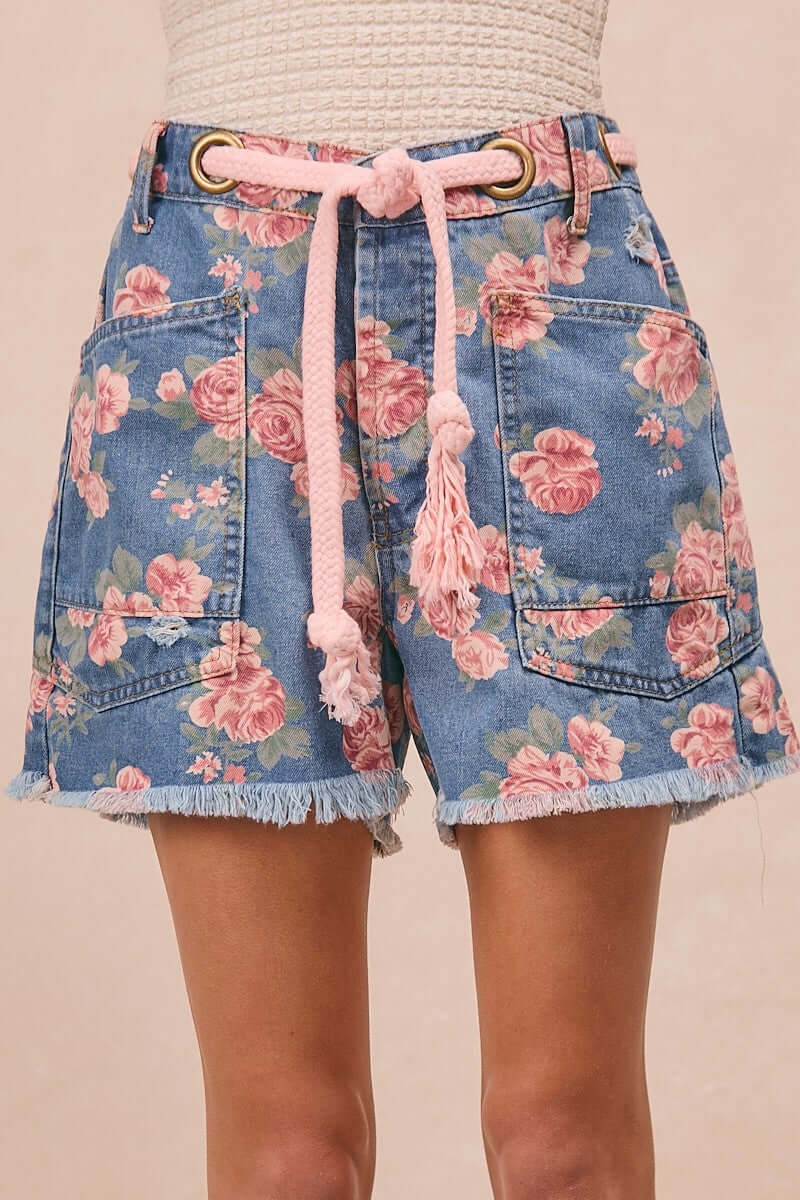 Blue Braided Belt Floral Print Denim Shorts | Trendy Summer Fashion, Shorts, $ 59.00, A Moment Of Now™