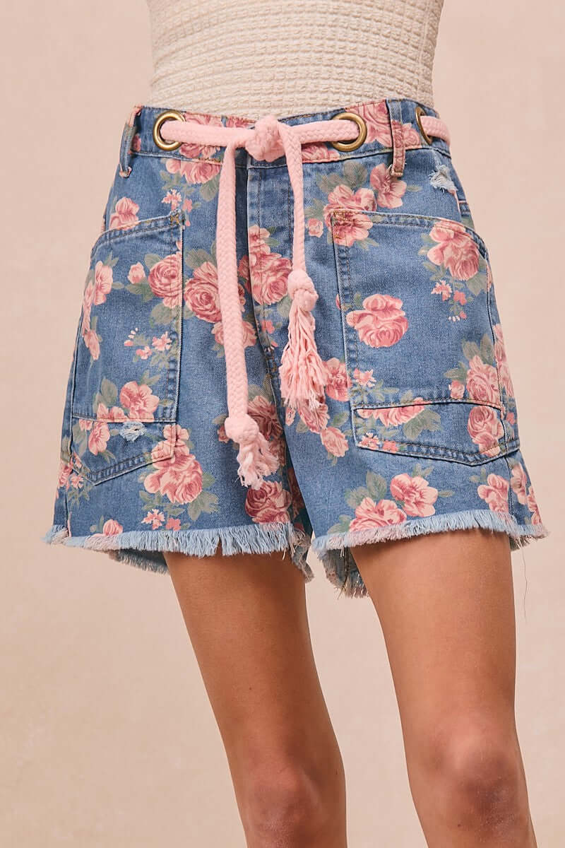 Blue Braided Belt Floral Print Denim Shorts | Trendy Summer Fashion, Shorts, $ 59.00, A Moment Of Now™