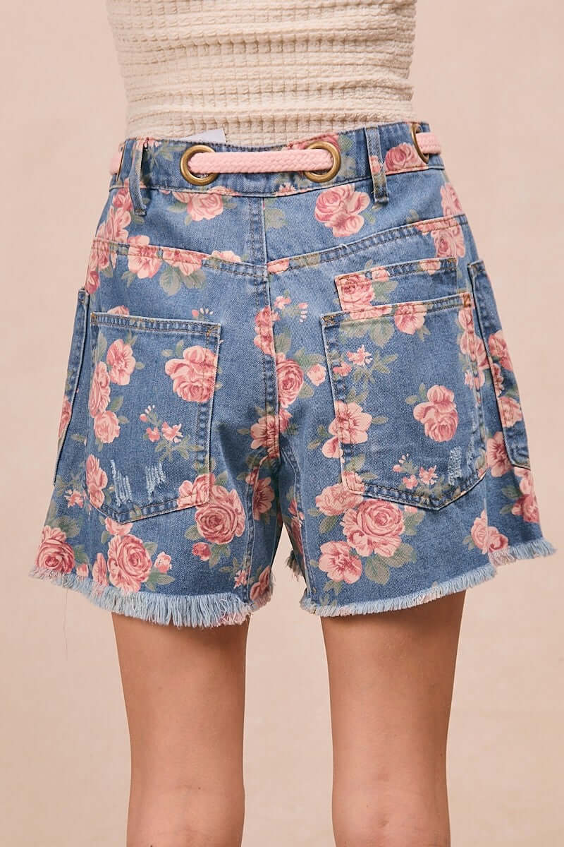 Blue Braided Belt Floral Print Denim Shorts | Trendy Summer Fashion, Shorts, $ 59.00, A Moment Of Now™