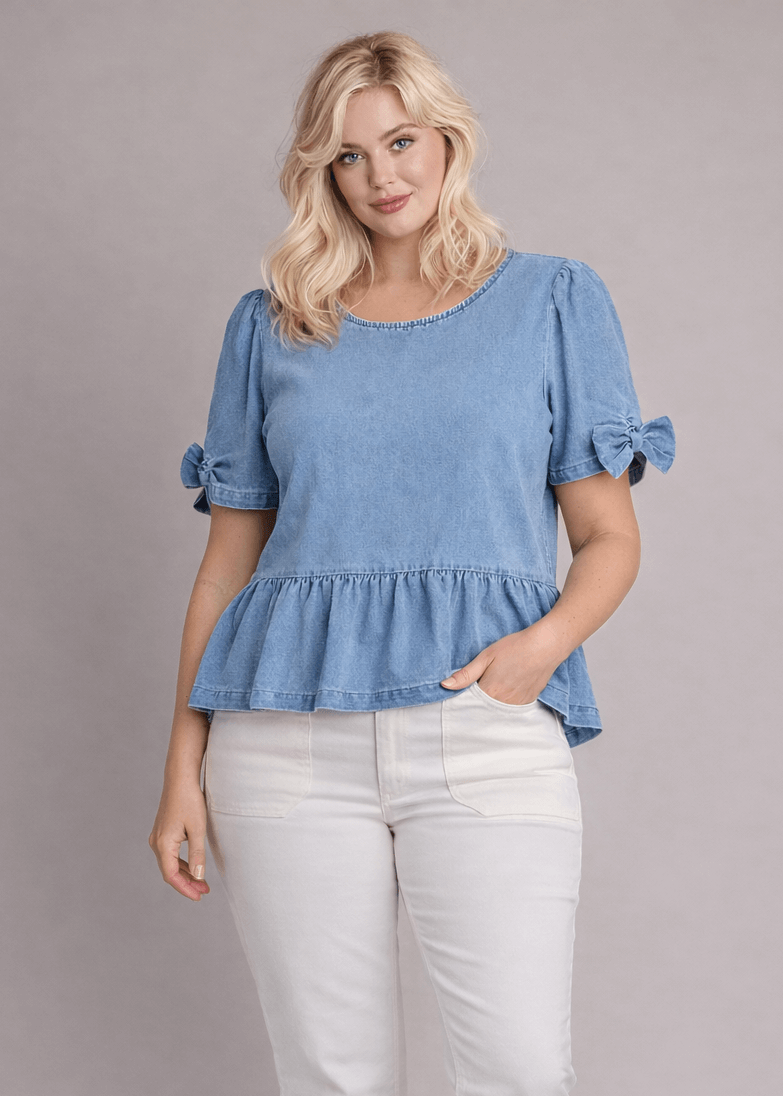 Blue Denim Bow Detail Short Sleeves Peplum Top, Tops, $ 60.00, A Moment Of Now™