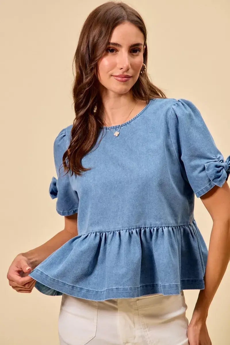 Blue Denim Bow Detail Short Sleeves Peplum Top, Tops, $ 60.00, A Moment Of Now™