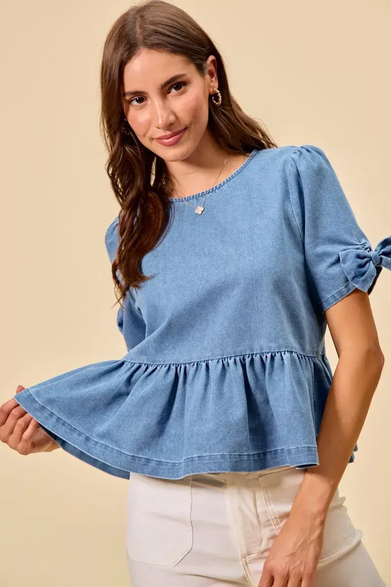Blue Denim Bow Detail Short Sleeves Peplum Top, Tops, $ 60.00, A Moment Of Now™