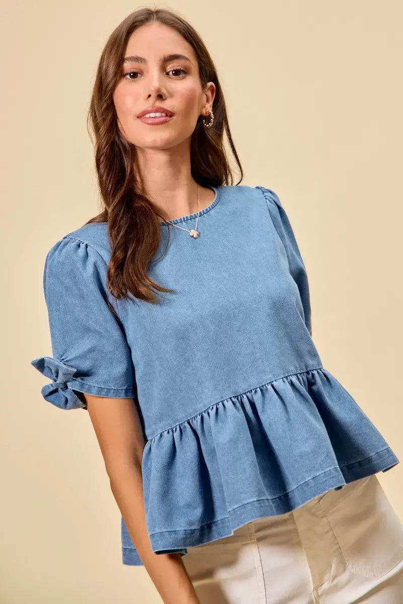 Blue Denim Bow Detail Short Sleeves Peplum Top, Tops, $ 60.00, A Moment Of Now™