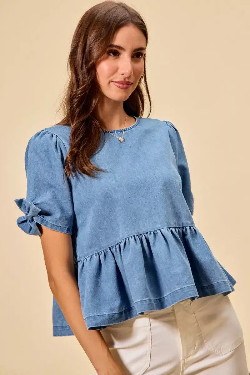 Blue Denim Bow Detail Short Sleeves Peplum Top, Tops, $ 60.00, A Moment Of Now™