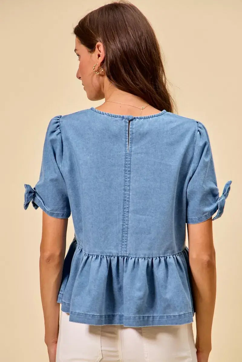 Blue Denim Bow Detail Short Sleeves Peplum Top, Tops, $ 60.00, A Moment Of Now™