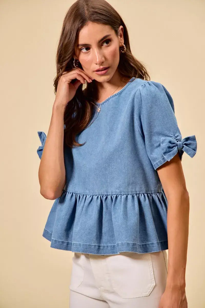Blue Denim Bow Detail Short Sleeves Peplum Top, Tops, $ 60.00, A Moment Of Now™